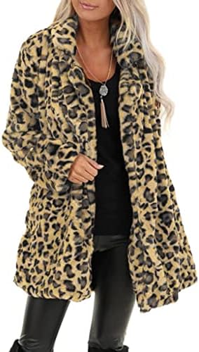 Női Leopárd mintás Outwear Gyapjú Plüss Nyissa ki az Elülső Kardigán Kabát Női Túlméretezett Hosszú Kabát Zsebében