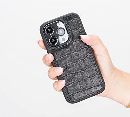 Venito Lucca Bőr tok Kompatibilis az iPhone 14 Pro Esetben Extra Biztonságos Párnázott hátlap (Fekete Krokodil)
