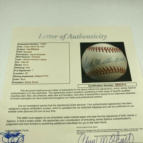 Ted Williams Aláírt Aláírt Hivatalos Amerikai profi Baseball-Liga SZÖVETSÉG COA & uda vagy - Dedikált Baseball